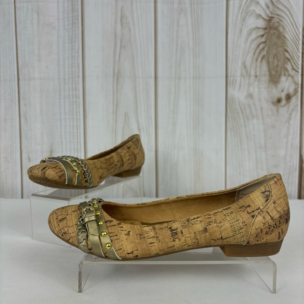 B.O.C Ballet Flats Cork Buckle Straps Accents Slip On Comfort Shoes Tan Size 8.5